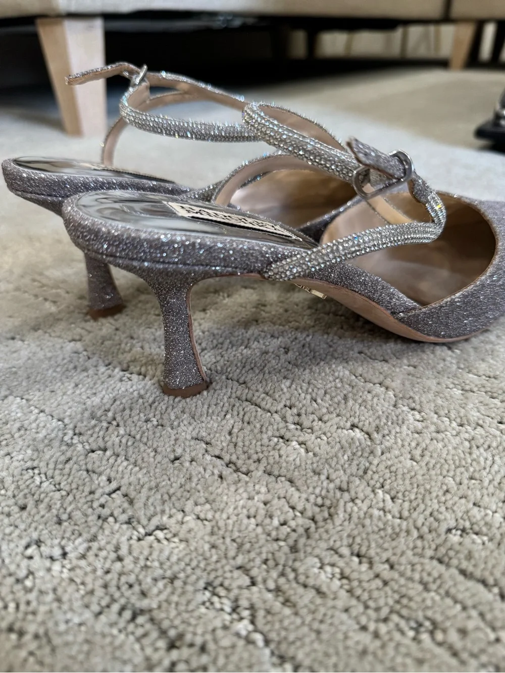 Badgley Mischka Autumn Silver Glitter Pointed Toe Mid-Heel Pump with Ankle Strap